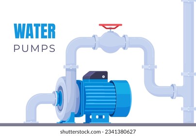 Water pumps with connected pipes. Pumping of water and liquids. Technical equipment for water stations. Water supply pipes. Vector illustrations