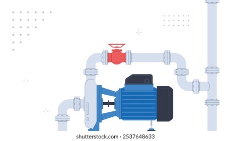 Wasserpumpen mit angeschlossenen Rohren. Pumpen von Wasser und Flüssigkeiten. Technische Ausrüstung für Wasserstationen. Wasserleitungen. Vektorgrafiken