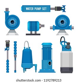 Water pumps. Industrial machinery electronic pump steel systems sewage aqua control station vector icons. Illustration of compressor pump, industrial engine motor