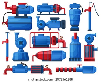 Wasserpumpen, industrielle Wassermotorpumpen. Fabrikbehälter, Pumpkompressoren, Vektorgrafik