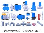 Water pumps. Water and liquid pumping. Technical equipment for water stations. Vector illustration