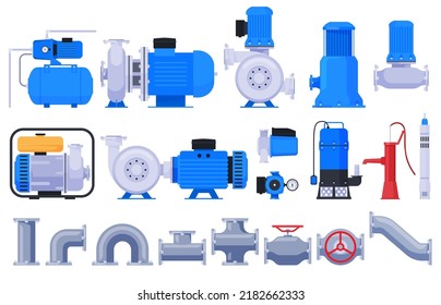 Water pumps. Water and liquid pumping. Technical equipment for water stations. Vector illustration