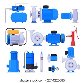 Bombas de agua. Agua y bombeo líquido. Equipo técnico para estaciones de agua. Ilustración del vector