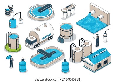 Water purification 3d isometric mega set. Collection flat isometry elements and people of wastewater cleaning plant, filtration pool, tank reservoir, pump station, transportation. Vector illustration.