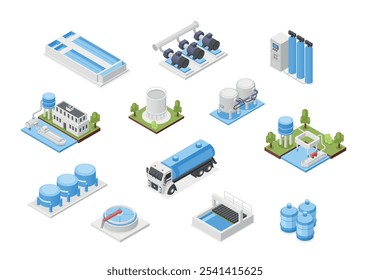 Water purification 3d isometric system. Industrial systems and equipment for clean aqua, separator, treatment, tanks. Isolated flawless vector set