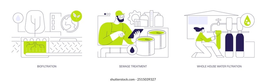 Water purification abstract concept vector illustration set. Biofiltration and sewage treatment, whole house water filtration, microbiotic oxidation, healthcare and hygiene abstract metaphor.