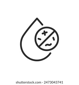 Water purification from bacteria, organisms, and debris, linear style icon. Droplet and prohibition sign on micro debris. Editable stroke width