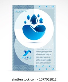 Water purification business promotion idea, brochure head page. Fresh mineral water design, sea wave splash.