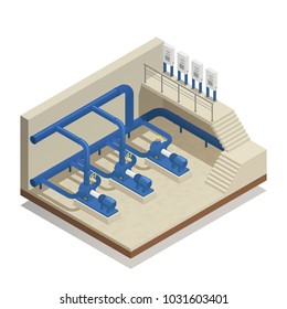 Water Purification And Cleaning Facility Element Isometric Composition With Treatment Plant Pump System Equipment Vector Illustration 