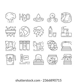 Water Purification Collection Icons Set Vector. Filter And Purifying Equipment, Bottle And Cup, Ocean And Sea Water, World Renewal And Aquarium Black Contour Illustrations