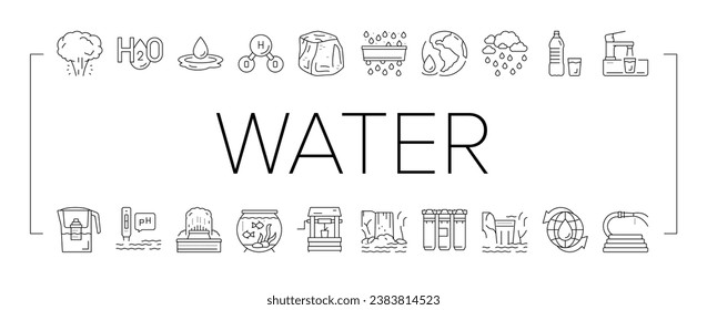 Water Purification Collection Icons Set Vector. Filter And Purifying Equipment, Bottle And Cup, Ocean And Sea Water, World Renewal And Aquarium Black Contour Illustrations