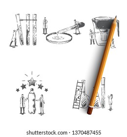 Water purification - devices for purification water pipette, flask, bottle, filter vector concept set. Hand drawn sketch isolated illustration