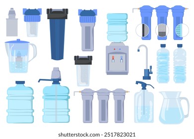 Wasserreinigungsgeräte setzen Elemente in flacher grafischer Ausführung. Bündel Objekte von Flaschen, Kühler, Krug mit Filtern, Pipeline, Haushahn, Pumpensystem, Tank, Hahn, andere. Vektorgrafik.