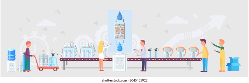 Water purification factory with workers inspecting quality production. Industrial automated water purification line. Production of household filters for water purification with conveyor equipment