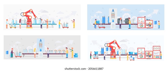 Water purification factory with workers inspecting quality production. Industrial automated robotic water purification line. Production of useful water, purification from impurities and bacteria