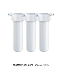 Water Purification And Filtration System Vector. Blank Plumbing Cartridges With Mineral For Cleaning Drinking Water. Industrial Or Household Filter For Prepare Liquid Mockup Realistic 3d Illustration