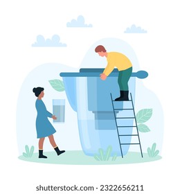 Water purification and filtration vector illustration. Cartoon tiny people use huge carbon filter in pitcher to clean drinking water, holding glass to drink and test quality of purifier equipment