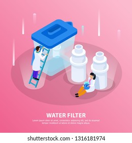 Water purification isometric background with water filter headline and scientists at the lab vector illustration