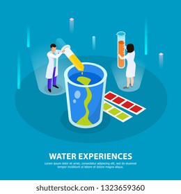Water purification isometric composition with water experiences headline and two people at the lab vector illustration