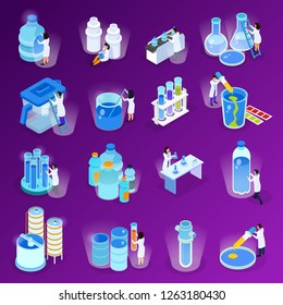 Water purification isometric and flat icon set with scientists work at the laboratory vector illustration