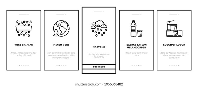 Water Purification Onboarding Mobile App Page Screen Vector. Filter And Purifying Equipment, Bottle And Cup, Ocean And Sea Water, World Renewal And Aquarium Illustrations