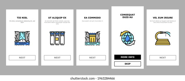 Water Purification Onboarding Mobile App Page Screen Vector. Filter And Purifying Equipment, Bottle And Cup, Ocean And Sea Water, World Renewal And Aquarium Illustrations