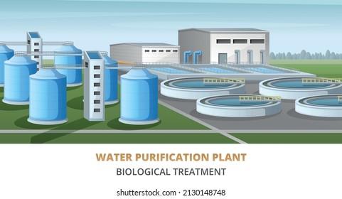 Water purification plant building with cleaning reservoirs and filtration tanks cartoon vector illustration