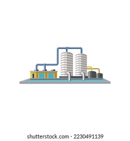 Water purification plant cartoon illustration. Water tanks, liquid treatment plant, industrial wastewater separator. Filtration, technology, industry concept