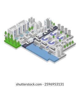 Water purification plant isometric in vector