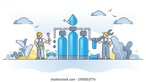 Water purification plant system for clean, fresh and safe drinking outline concept. Pipeline station process with dirty or polluted liquid filtration as environmental disinfection vector illustration.