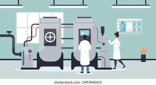 Proceso de purificación de agua. Ingeniero en gestión de agua. Industrial Proceso de tratamiento de aguas residuales en planta de producción, ecología concepto de dibujos animados de tratamiento de aguas residuales Ilustración vectorial aislada.