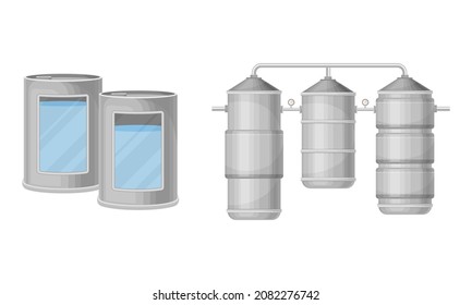 Wasserreinigungsprozess mit Filtration und Destillation in zylindrischem Tankvektorset