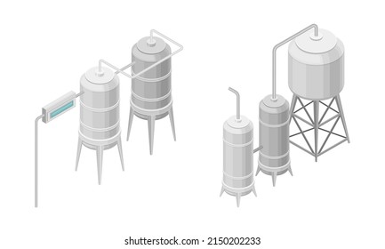 Water Purification Process with Filtration and Distillation in Cylindrical Tank Isometric Vector Set