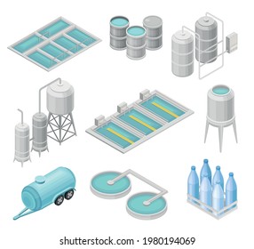 Water Purification Process with Filtration, Sedimentation and Distillation in Cylindrical Tanks and Reservoir Isometric Vector Set