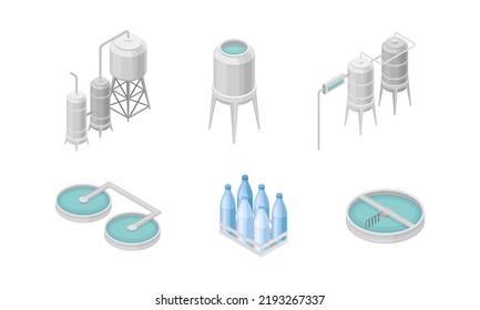 Water Purification Process with Filtration, Sedimentation and Distillation in Cylindrical Tanks and Reservoir Isometric Vector Set