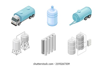 Water Purification Process with Filtration, Sedimentation and Distillation in Cylindrical Tanks Isometric Vector Set