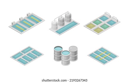 Water Purification Process with Filtration, Sedimentation and Distillation in Cylindrical Tanks and Reservoir Isometric Vector Set