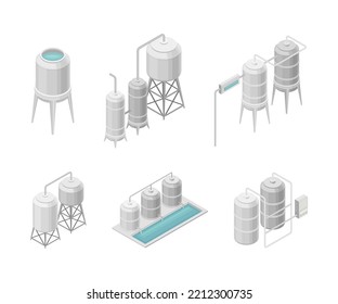 Water Purification Process with Filtration, Sedimentation and Distillation in Cylindrical Tanks and Reservoir Isometric Vector Set