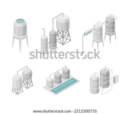 Water Purification Process with Filtration, Sedimentation and Distillation in Cylindrical Tanks and Reservoir Isometric Vector Set
