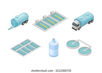 Proceso de purificación de agua con líquido en el conjunto de vectores isométricos de botellas y cuencas