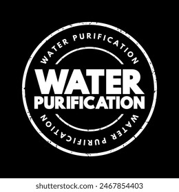 Water Purification - process of removing contaminants, impurities, and undesirable substances from water to make it suitable for specific uses, text concept stamp