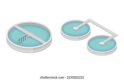 Proceso de purificación de agua con sedimentación en depósito o conjunto de iluminación de vectores isométricos de cuenca