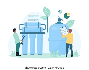 purificación de agua con imagen vectorial de filtración de osmosis inversa. Pequeñas personas de caricatura reparan el sistema doméstico de tratamiento de agua con filtro de membrana RO, tanque y tuberías, instalación por ingenieros