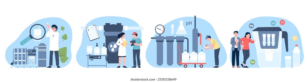 Purificação de água. Cientistas pesquisam e limpam líquidos para consumo público saudável e alimentos. Equipamentos de laboratório, filtros, cenas médicas vetoriais recentes