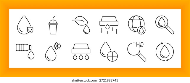 Icono de conjunto de purificación de agua. Gotas, Filtrar, agua fría, botellas, Elementos H2O, herramientas de búsqueda y marcas de circulación delineadas para indicar procesos de agua limpia y herramientas de análisis de fluidos.