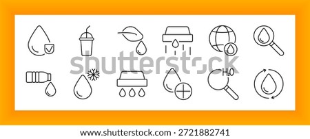 Water purification set icon. Droplets, filters, cold water, bottles, H2O elements, search tools, and circulation marks outlined to signify clean water processes and fluid analysis tools.