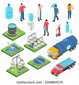 Water purification set of isometric icons with treatment plant, clean drink in plastic bottles isolated vector illustration 