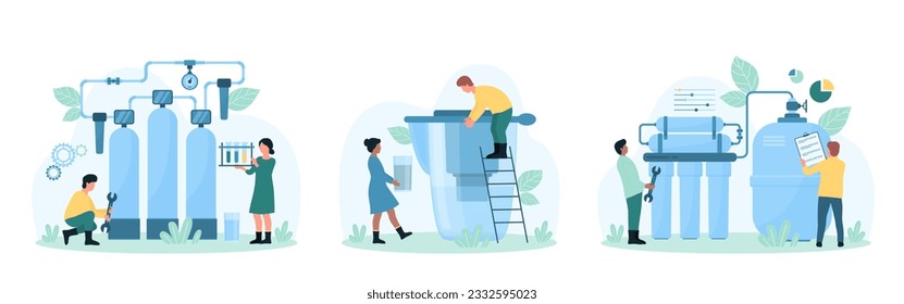 Water purification set vector illustration. Cartoon tiny people repair water treatment facility, test quality of reverse osmosis filtration, installation and inspection of huge filters by engineers