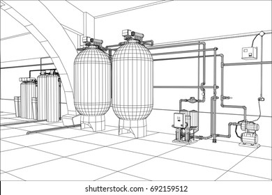 Water purification station. Industrial equipment. Tracing illustration of 3d.