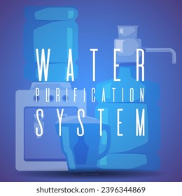 Water purification system, banner or poster with vector illustration. Technical devices and items for water cleaning. Bottle with pump and jug, objects on blue background. Card in flat cartoon style